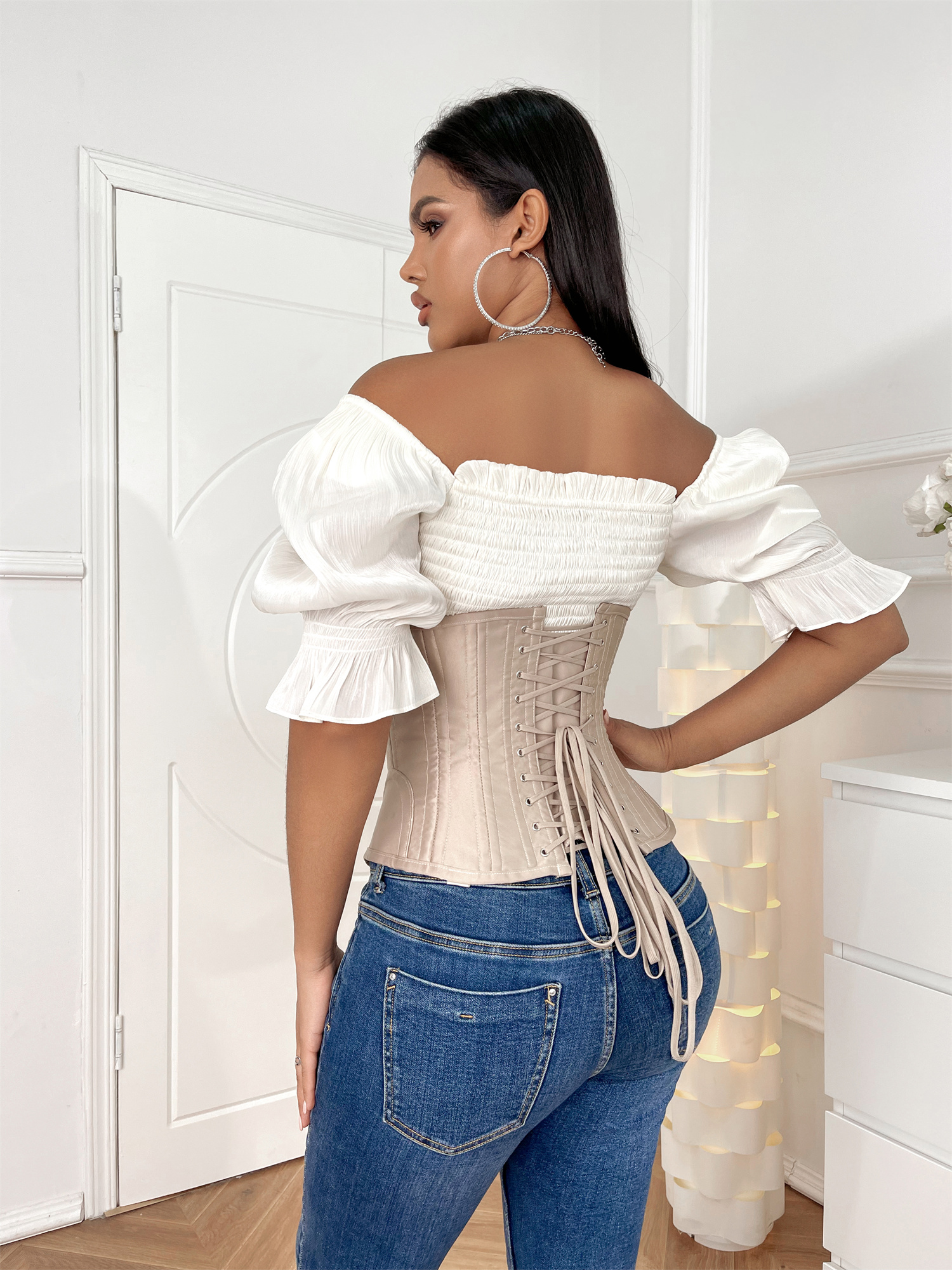 Womens Classic Steel Boned Beige Corset - Waist Cincher Bustier